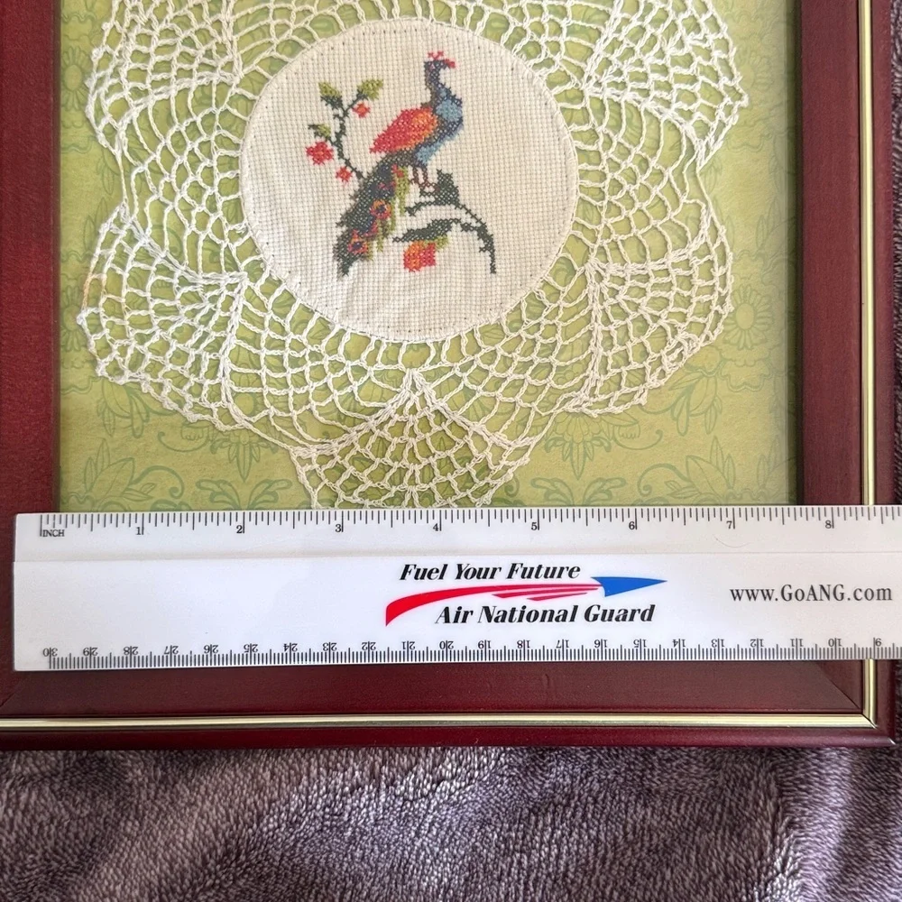 Framed Vintage Peacock Embroidery Art